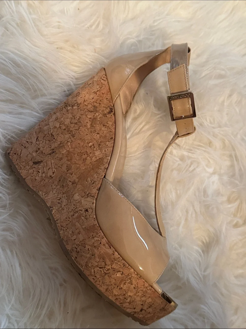 Wedge Platform Sandal in Beige Patent with Cork Heel t strap by Jimmy choo